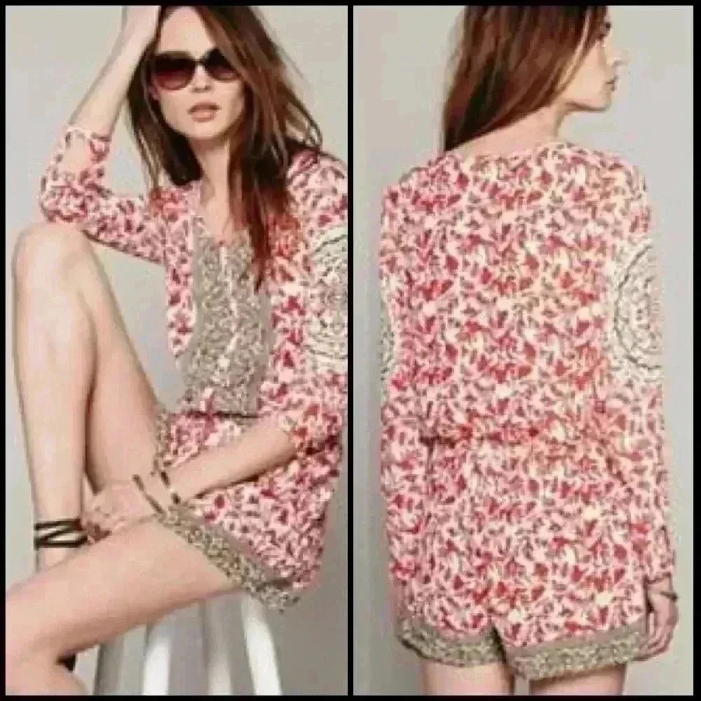 Free People Resort Tribal Drawstring Wait Boho Romper in Gardenia Combo Size XS